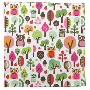 pink leaf tree retro owl pattern napkin