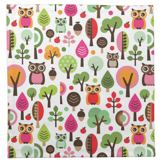 pink leaf tree retro owl pattern napkin (Front)