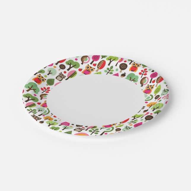 pink leaf tree retro owl pattern paper plates (Angled)