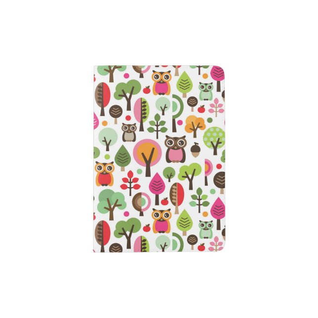 pink leaf tree retro owl pattern passport holder (Front)