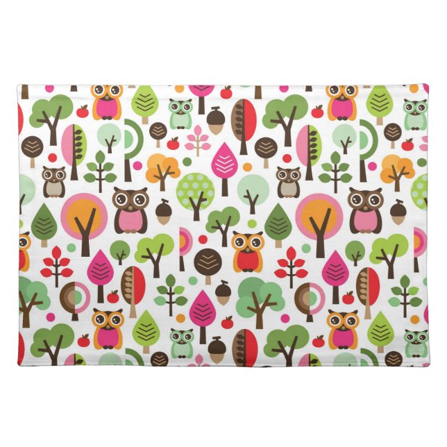 pink leaf tree retro owl pattern placemat (Front)