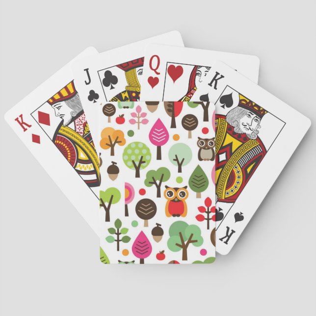 pink leaf tree retro owl pattern poker cards (Back)
