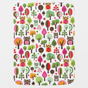 pink leaf tree retro owl pattern receiving blanket