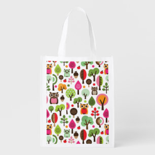 pink leaf tree retro owl pattern reusable grocery bag