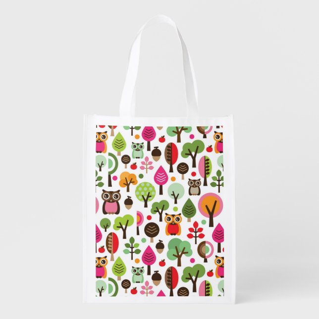 pink leaf tree retro owl pattern reusable grocery bag (Front)