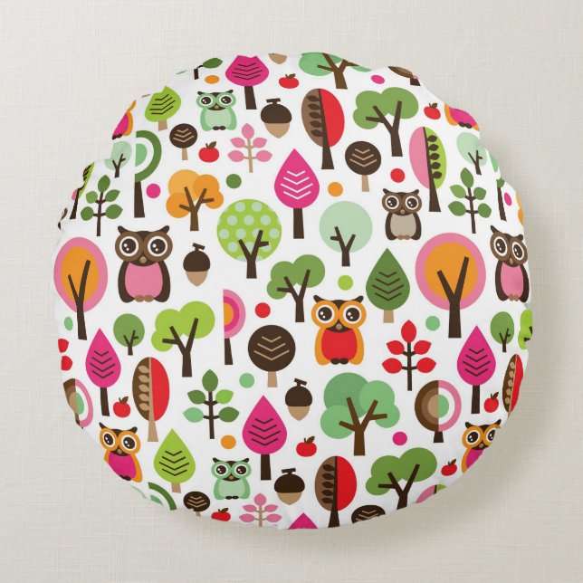 pink leaf tree retro owl pattern round pillow (Front)