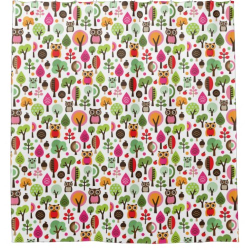 pink leaf tree retro owl pattern shower curtain