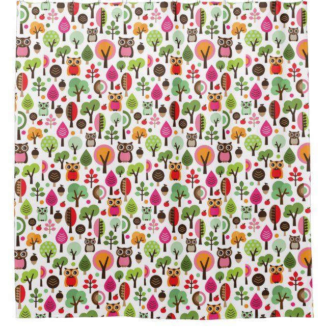 pink leaf tree retro owl pattern shower curtain (Front)