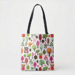 pink leaf tree retro owl pattern tote bag