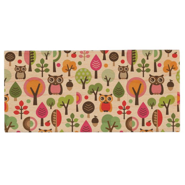 pink leaf tree retro owl pattern wood USB flash drive (Front)