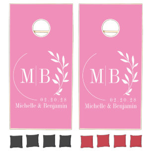 Pink Leaf Wedding Monogram Cornhole Set