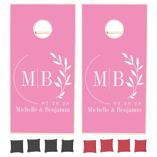 Pink Leaf Wedding Monogram Cornhole Set (Set)