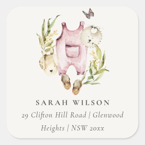 Pink Leafy Foliage Clothes Baby Shower Address Square Sticker