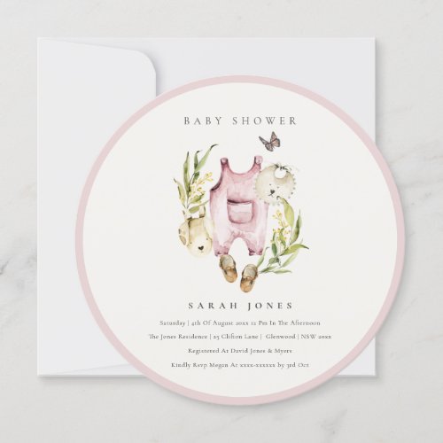 Pink Leafy Foliage Girl Clothes Baby Shower Invite