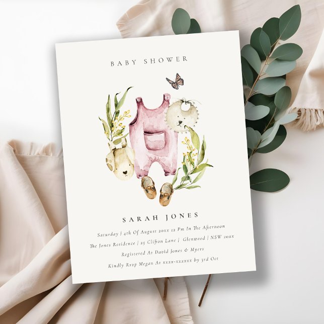 Pink Leafy Foliage Girl Clothes Baby Shower Invite (Creator Uploaded)