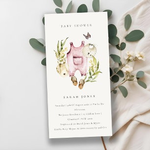 Pink Leafy Foliage Girl Clothes Baby Shower Invite