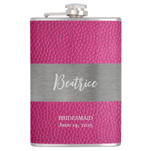 Pink Leather and Metal Print Monogrammed Flask