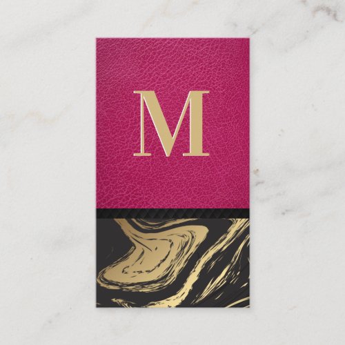 Pink Leather  Black Gold Marble Business Card