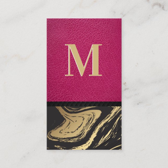 Pink Leather | Black Gold Marble Business Card (Front)
