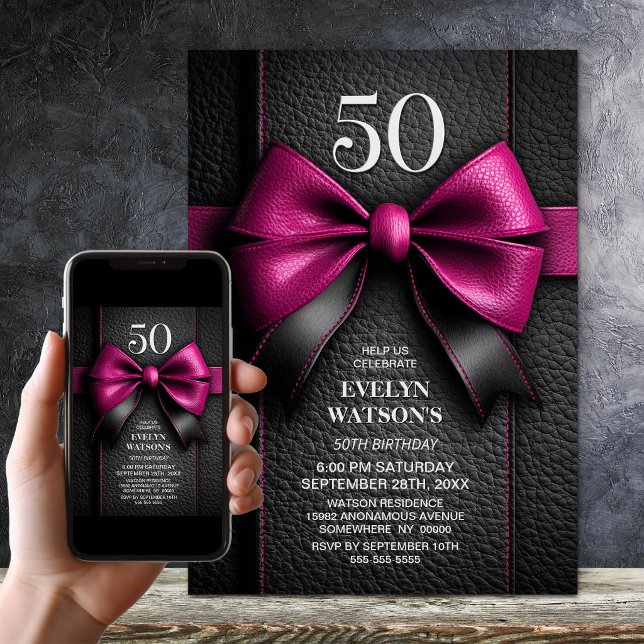 Pink Leather Bow 50th Birthday Party Invitation (Creator Uploaded)