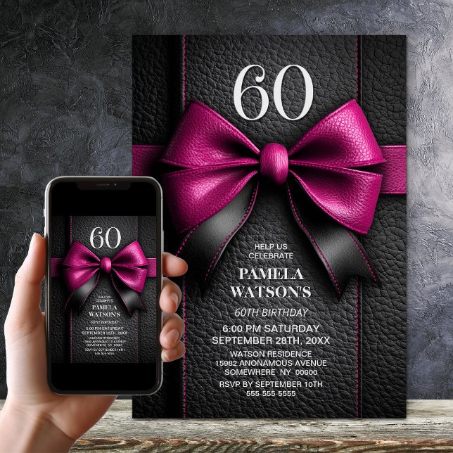 Pink Leather Bow 60th Birthday Party Invitation (Creator Uploaded)