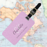 Pink leather monogram name luggage tag<br><div class="desc">Pink faux leather print as background. Personalize and add your first name,  monogram letters and full name on the front. Your contact information on the back.  Purple and white text.</div>