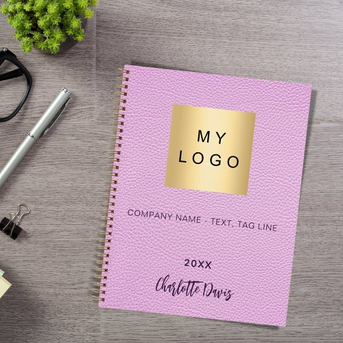 Pink leather name script business logo notebook