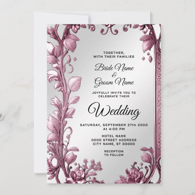 Pink Leaves Flourish Floral Wedding Invitation (Front)