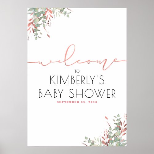 Pink Leaves Greenery Elegant Baby Shower Welcome Poster