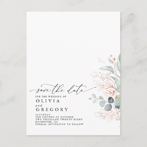 Pink Leaves Greenery Modern Elegant Save the Date Announcement Postcard