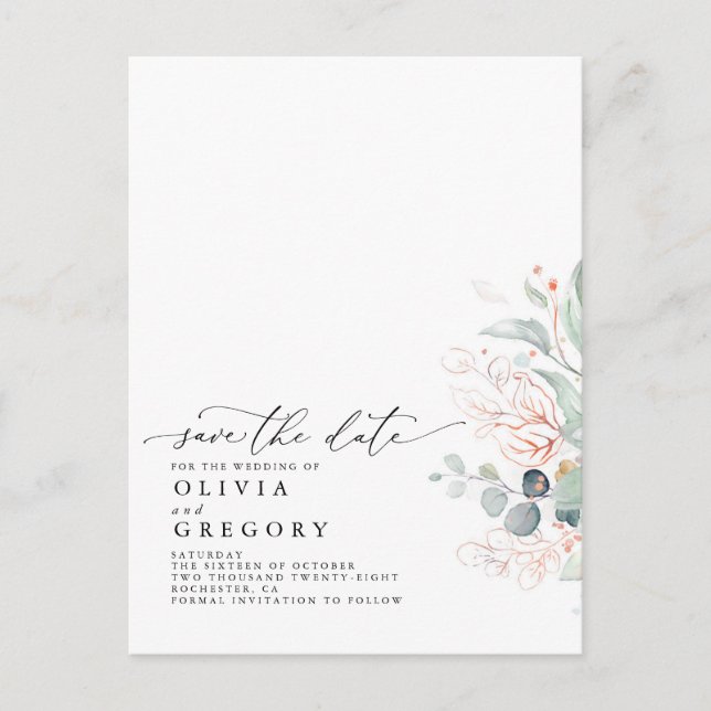 Pink Leaves Greenery Modern Elegant Save the Date Announcement Postcard (Front)