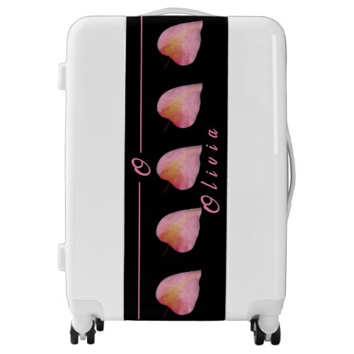 Pink Leaves In Black Personalize Name Monogram Luggage