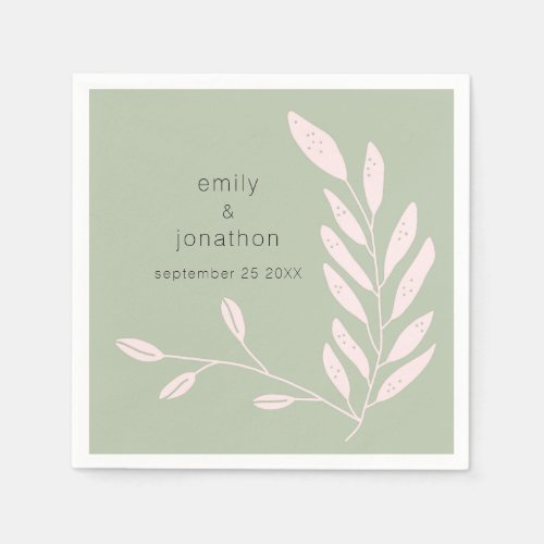 Pink Leaves Names Date Wedding Sage Green Napkins