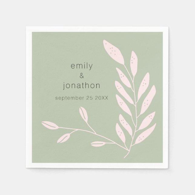 Pink Leaves Names Date Wedding Sage Green Napkins (Front)