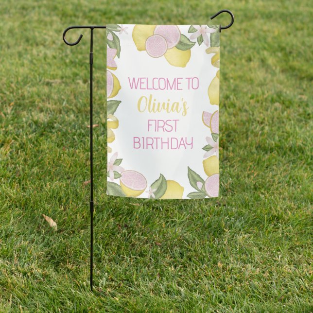 Pink Lemon Birthday Party Garden Flag (In SItu)
