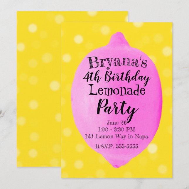 Pink Lemon Lemonade Yellow Birthday Party Invitation (Front/Back)