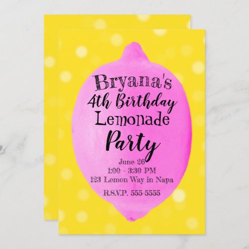 Pink Lemon Lemonade Yellow Birthday Party Invitation