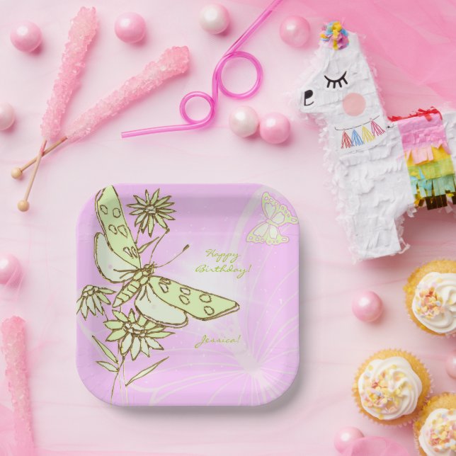 Pink Lemon Lime Butterfly Throw Pillow Paper Plates (Party)