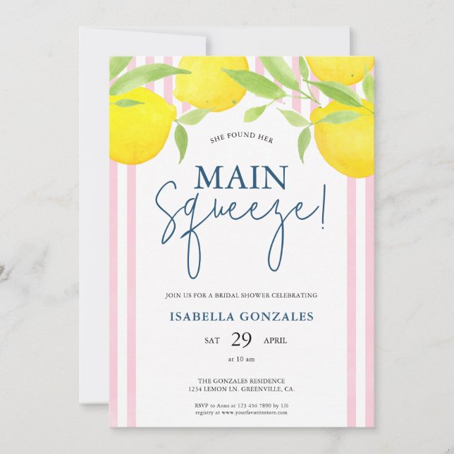 Pink Lemon Main Squeeze Bridal Shower Invitation (Front)