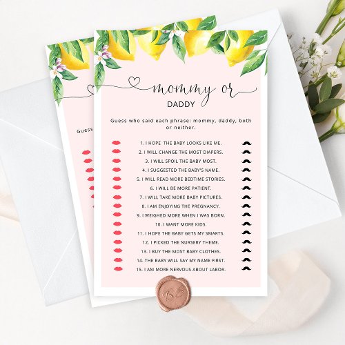 Pink lemon Mommy or daddy baby shower game