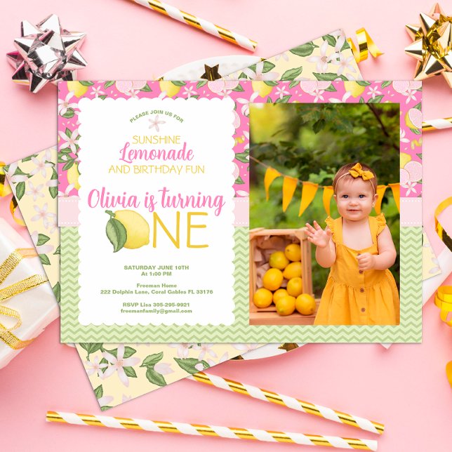 Pink Lemonade 1st Birthday Photo Invitation (Creator Uploaded)