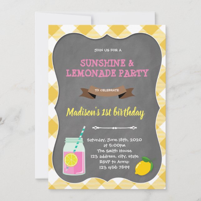 Pink lemonade birthday invitation (Front)