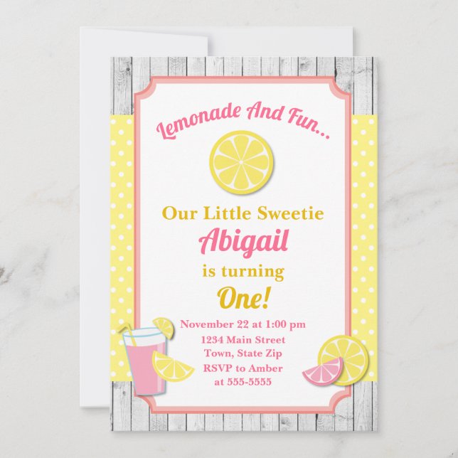 Pink Lemonade Birthday Invitation, Lemonade Party Invitation (Front)