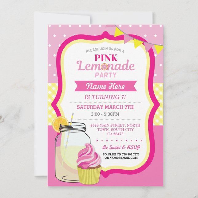 Pink Lemonade Birthday Party Cupcake Jar Invite (Front)