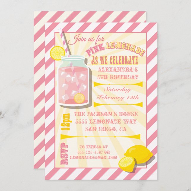 Pink Lemonade Birthday Party Invitations (Front/Back)