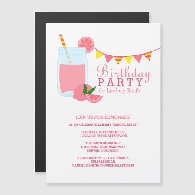 Pink Lemonade Birthday Party Magnetic Invitation (Front/Back)