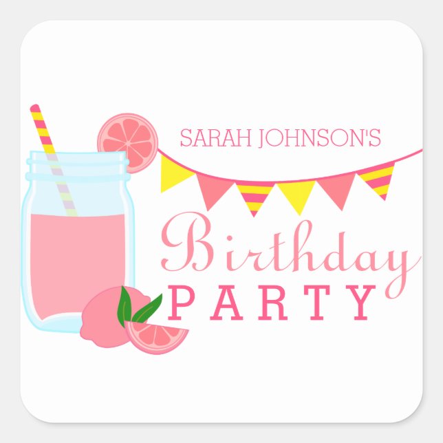 Pink Lemonade Birthday Party Square Sticker (Front)