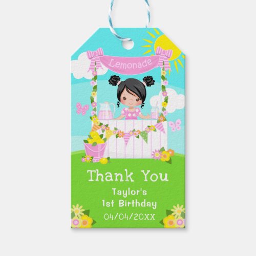 Pink Lemonade Black Hair Girl Birthday Thank You Gift Tags