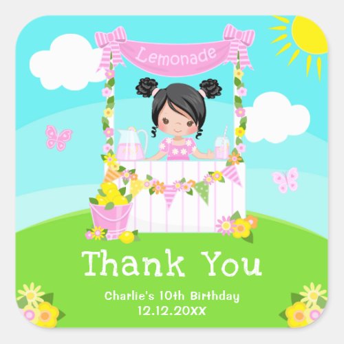 Pink Lemonade Black Hair Girl Birthday Thank You Square Sticker