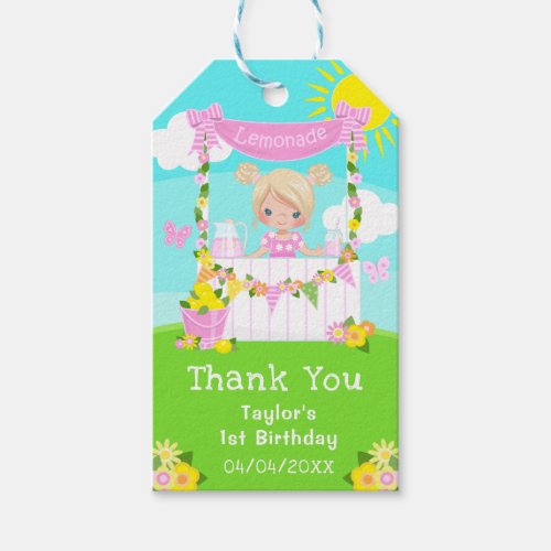 Pink Lemonade Blonde Hair Girl Birthday Thank You Gift Tags